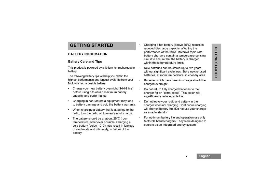 Motorola GP344 manual Getting Started, Battery Information, Battery Care and Tips 