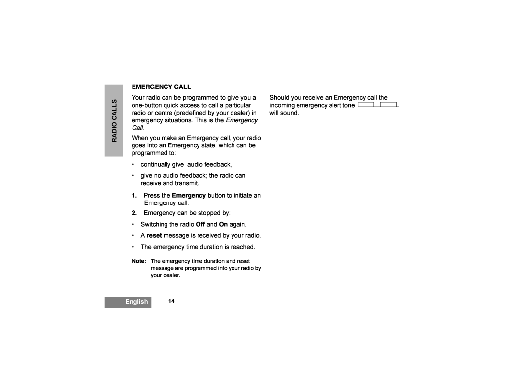 Motorola GP344 manual Emergency Call, Radio Calls, English 