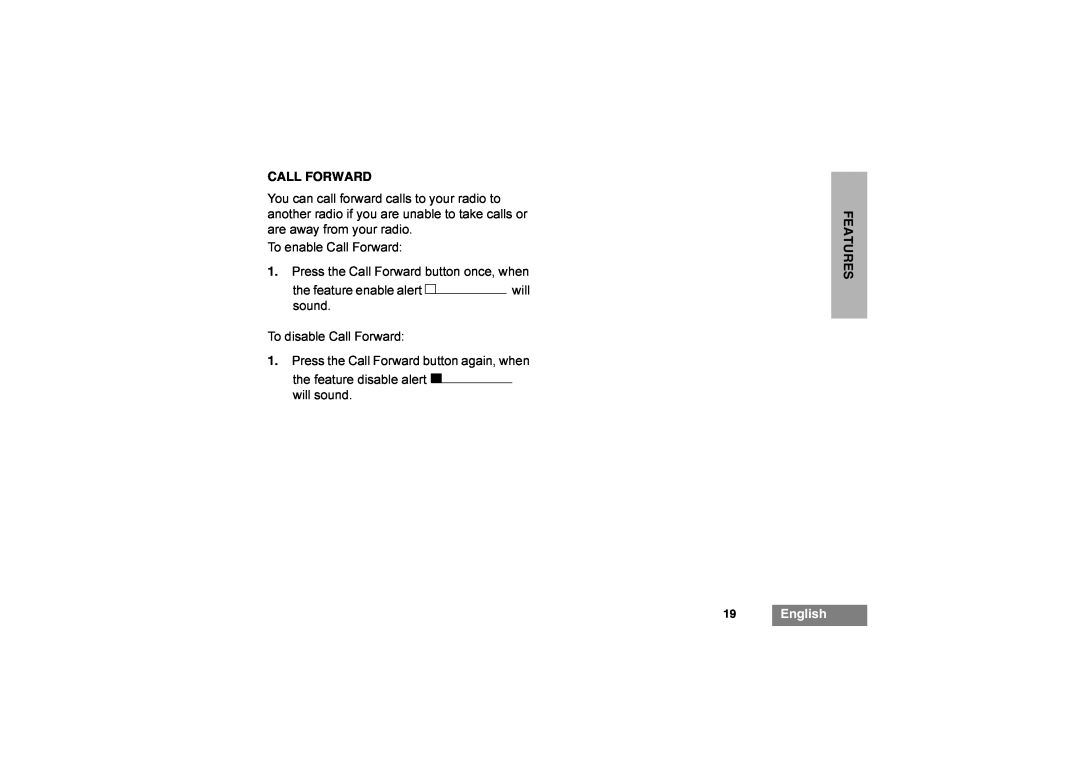 Motorola GP344 manual Call Forward, 19English, Features 
