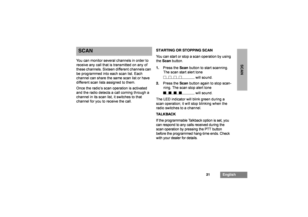 Motorola GP344 manual Starting Or Stopping Scan, Talkback, 21English 
