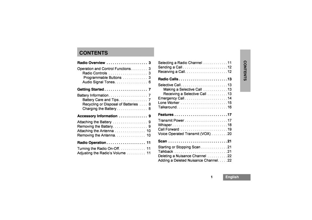 Motorola GP344 manual Contents, Accessory Information, 1English 