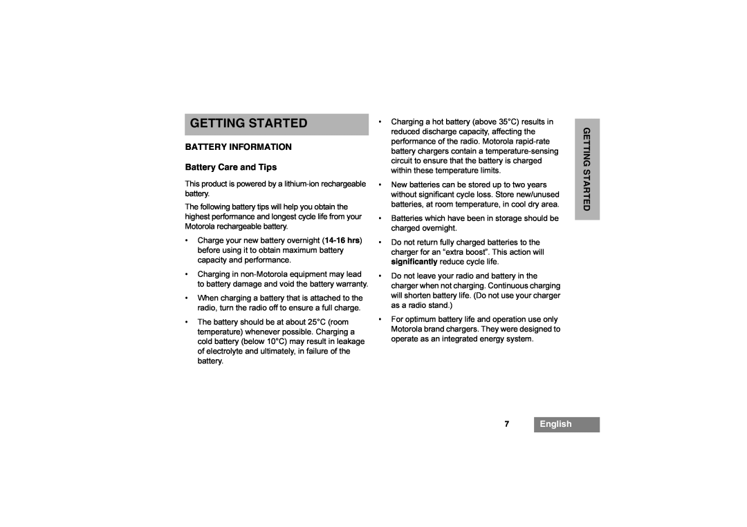Motorola GP344 manual Getting Started, BATTERY INFORMATION Battery Care and Tips, 7English 