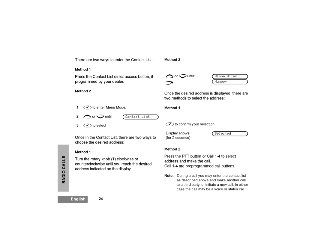 Motorola GP366R manual Radio Calls, Method +or euntil Alpha Alias Number 