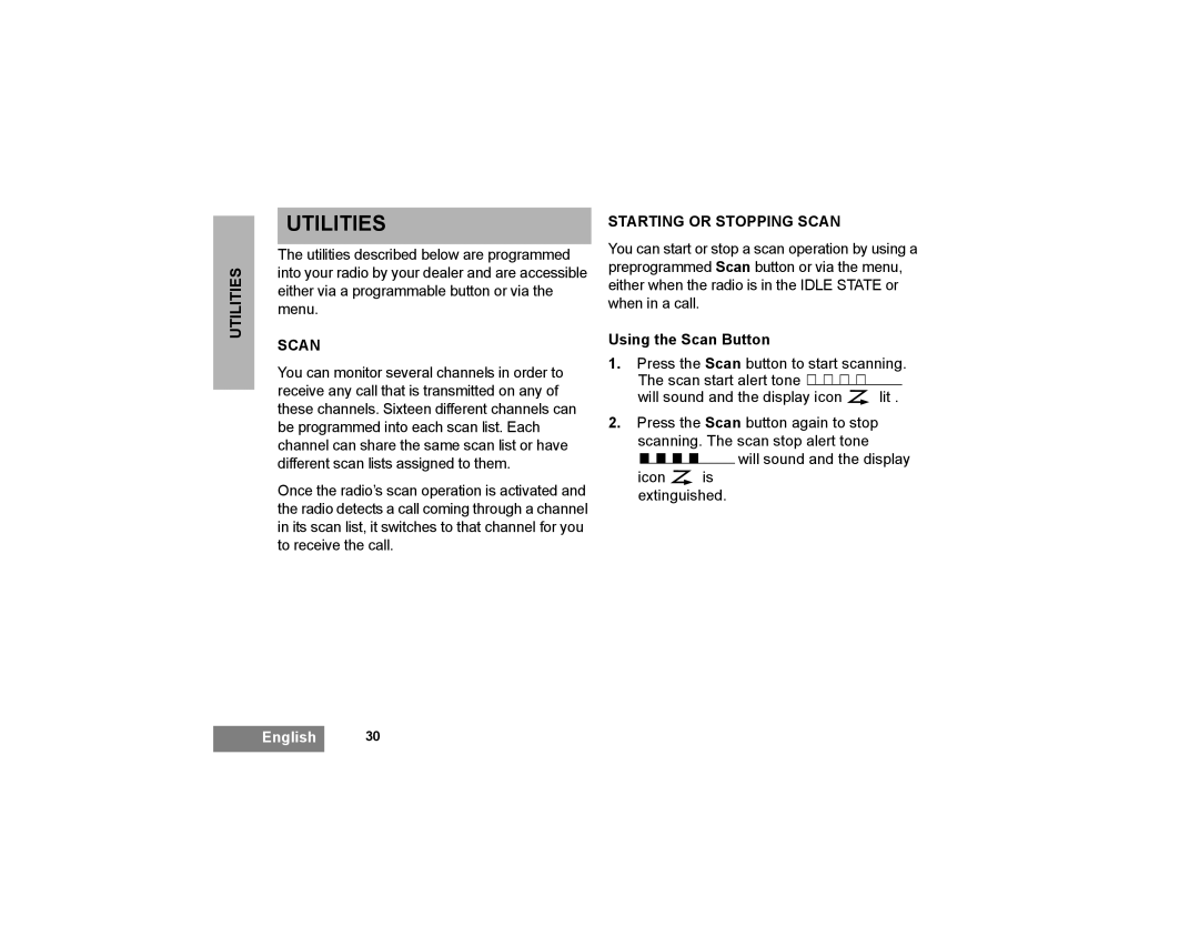 Motorola GP366R manual Utilities, Starting or Stopping Scan, Using the Scan Button 