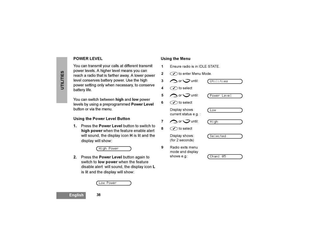 Motorola GP366R manual Utilities Power Level, Using the Power Level Button 