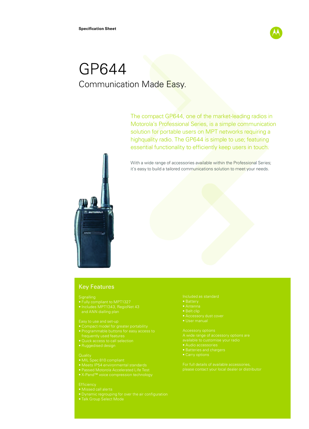 Motorola GP644 specifications Communication Made Easy, Key Features, Specifi cation Sheet 