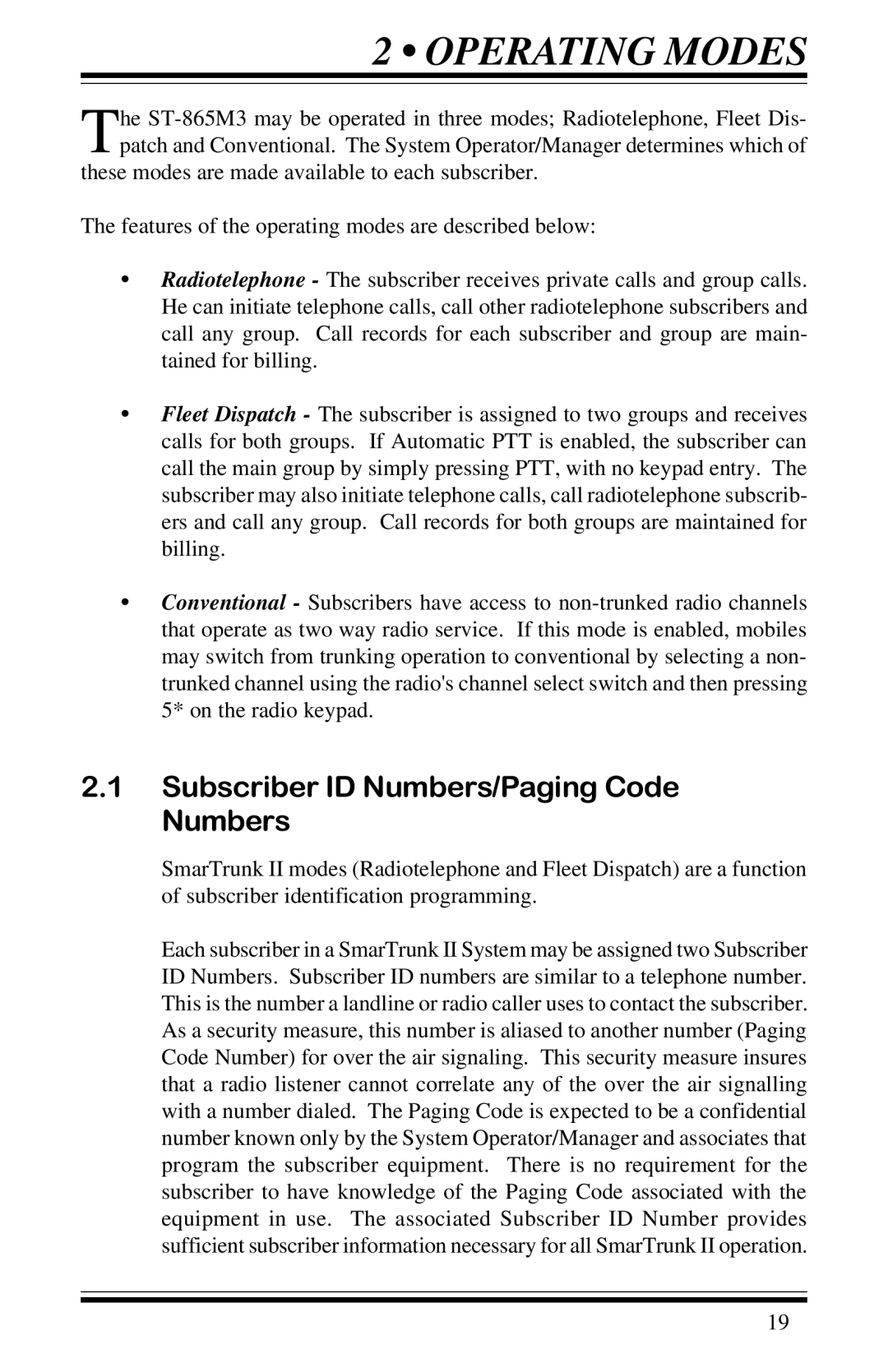 Motorola GP68 operation manual Operating Modes, Subscriber ID Numbers/Paging Code Numbers 