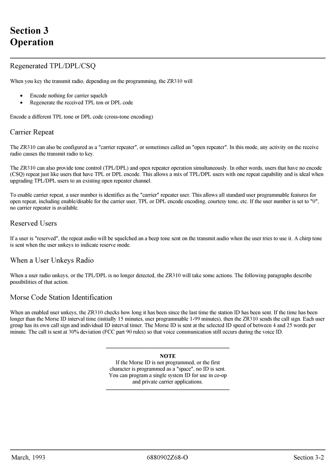 Motorola GR300 service manual Regenerated TPL/DPL/CSQ, Carrier Repeat, Reserved Users, When a User Unkeys Radio 