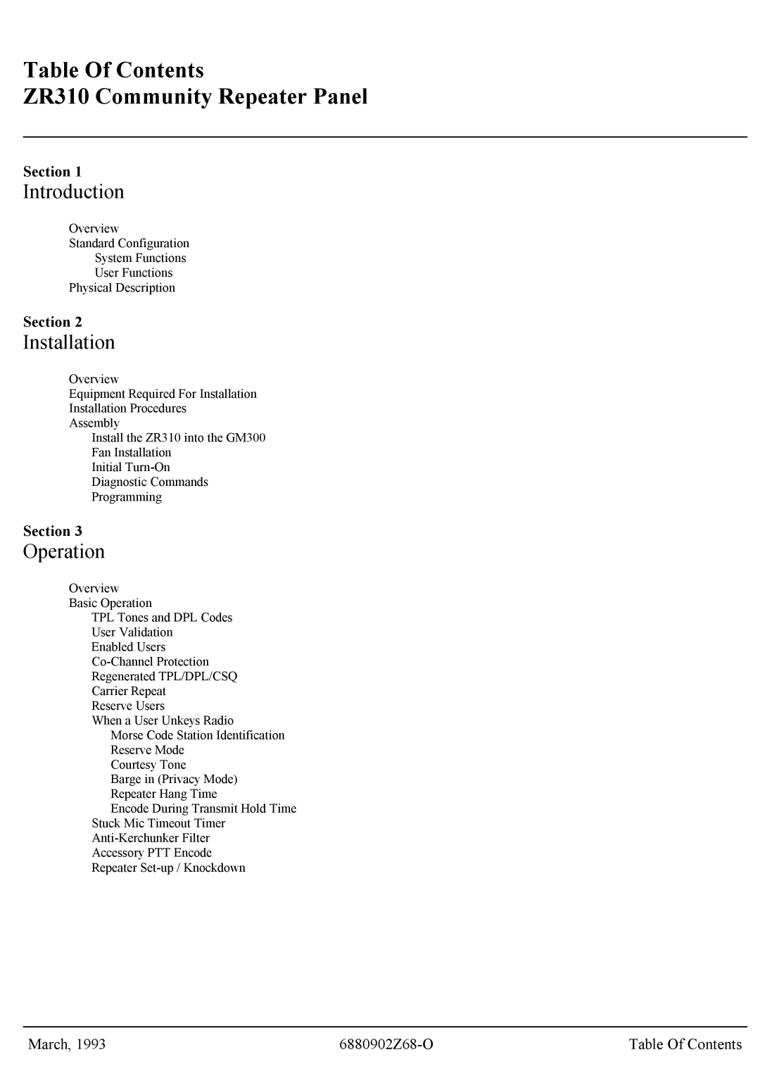 Motorola GR300 service manual Table Of Contents ZR310 Community Repeater Panel 