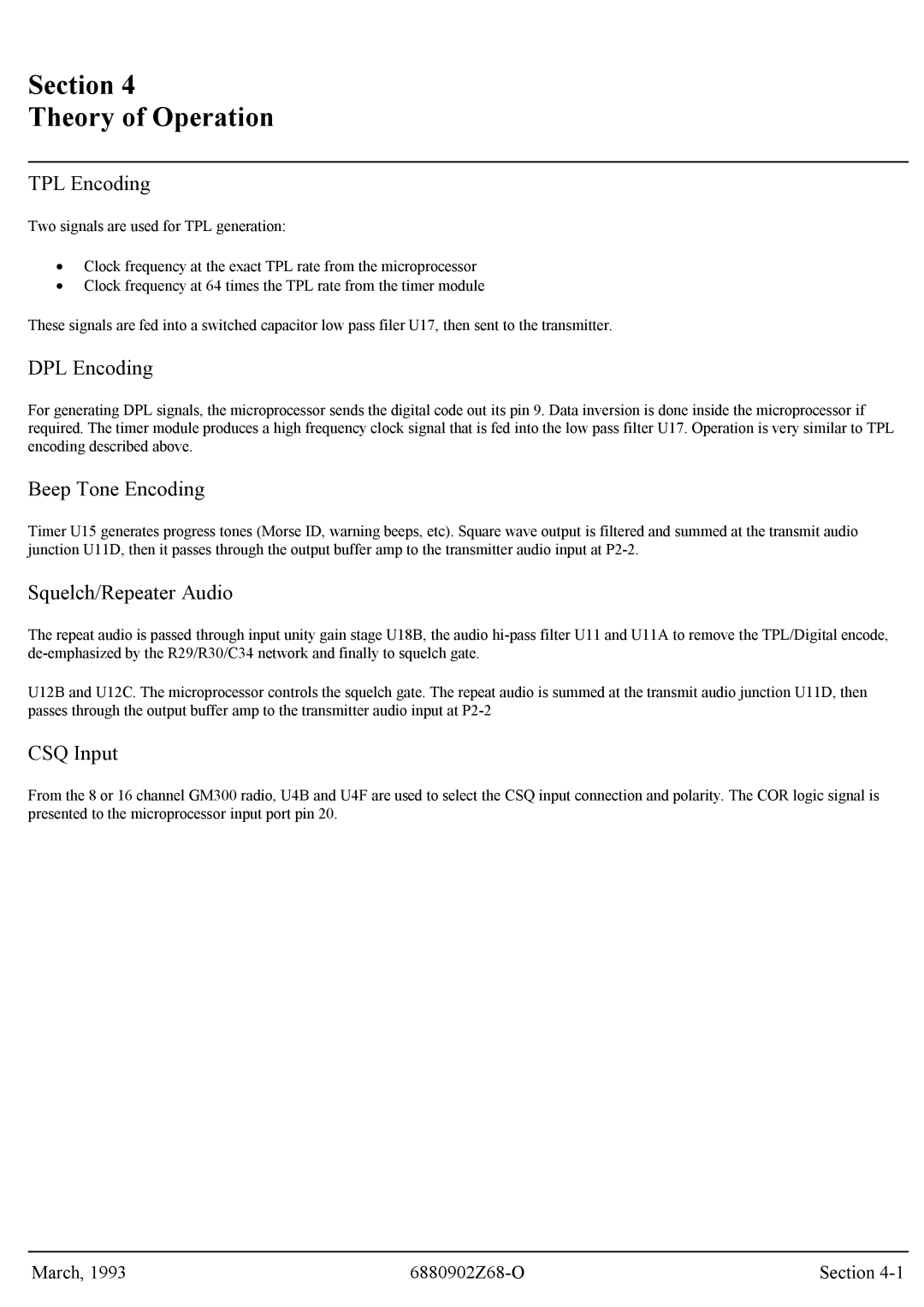 Motorola GR300 service manual TPL Encoding, DPL Encoding, Beep Tone Encoding, Squelch/Repeater Audio, CSQ Input 