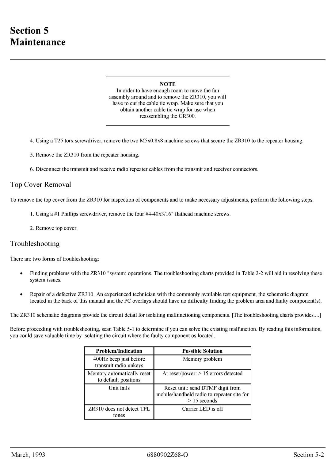 Motorola GR300 service manual Top Cover Removal, Troubleshooting 