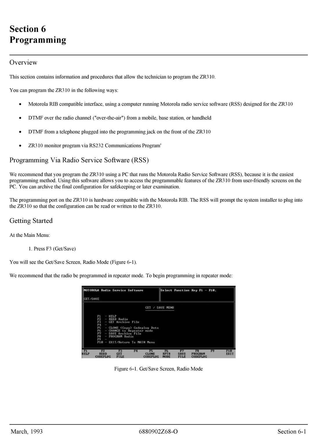 Motorola GR300 service manual Section Programming, Programming Via Radio Service Software RSS, Getting Started 