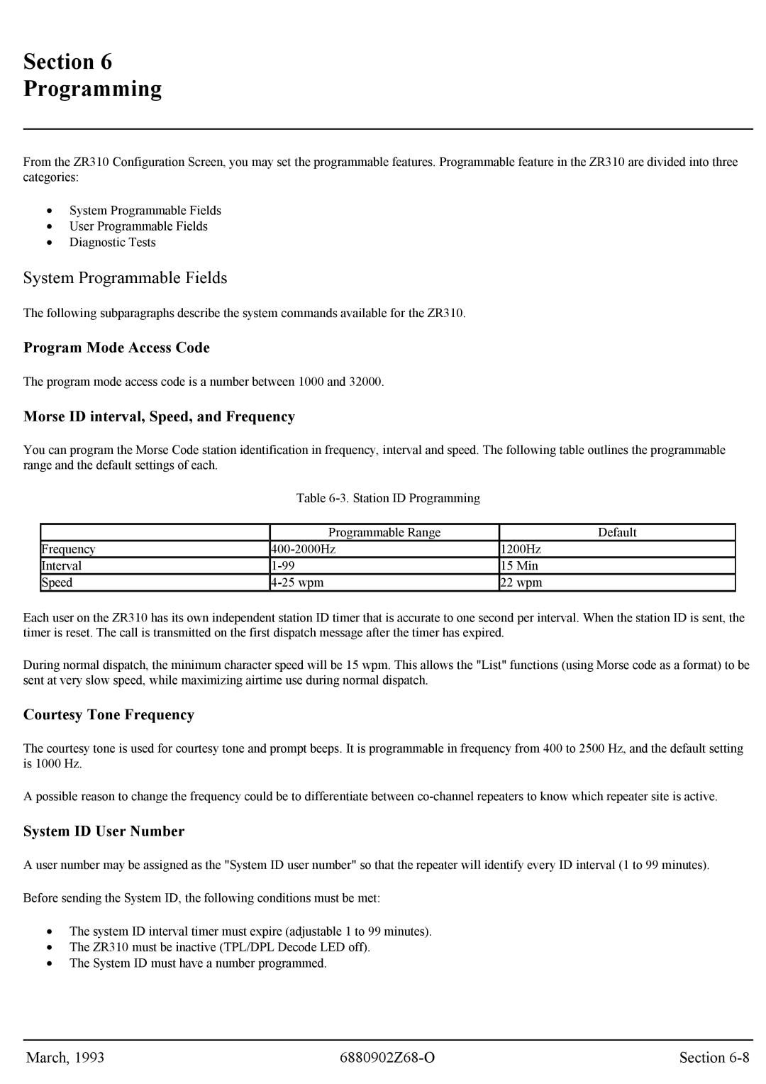 Motorola GR300 service manual System Programmable Fields, Morse ID interval, Speed, and Frequency 