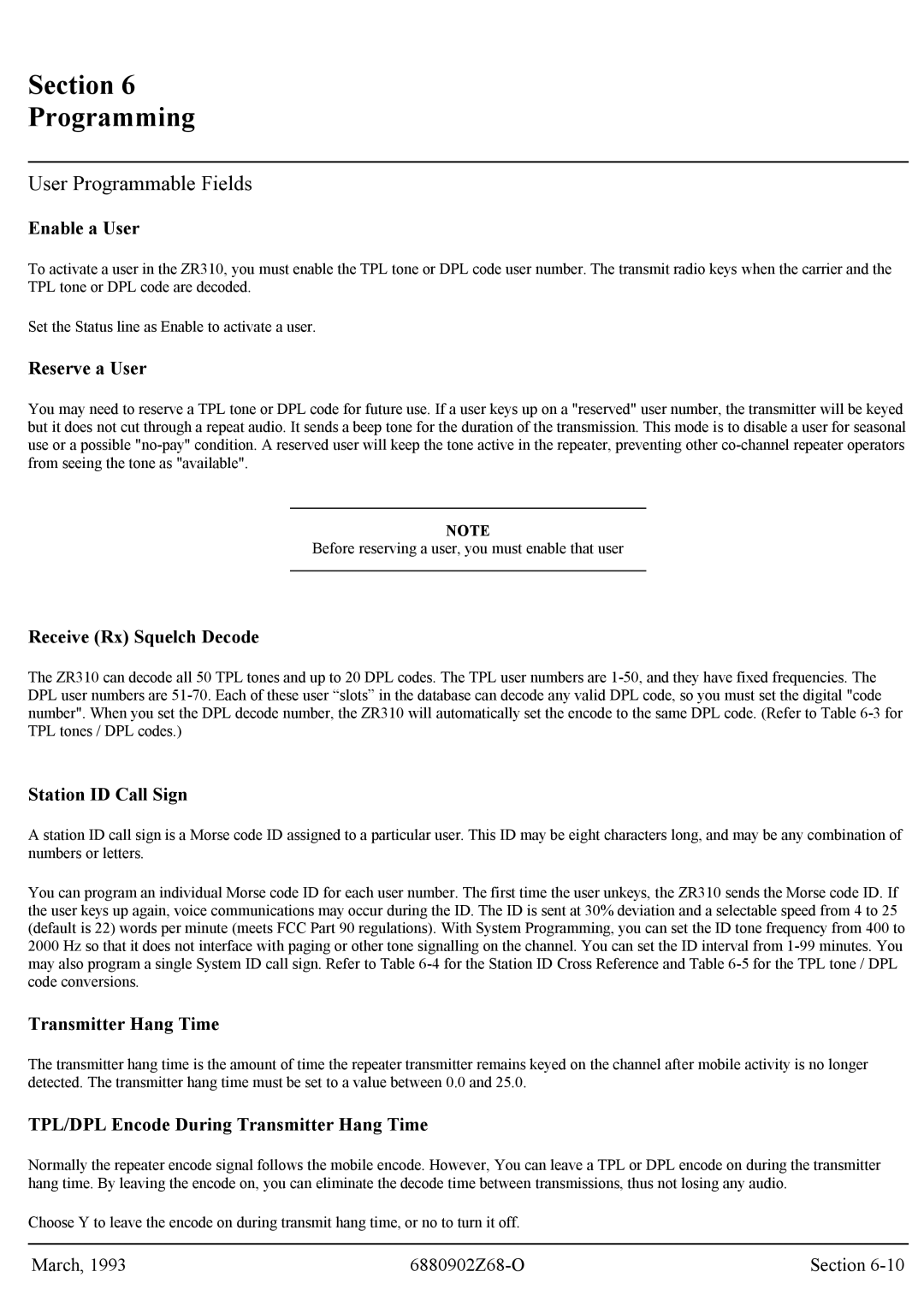 Motorola GR300 service manual User Programmable Fields, Enable a User 