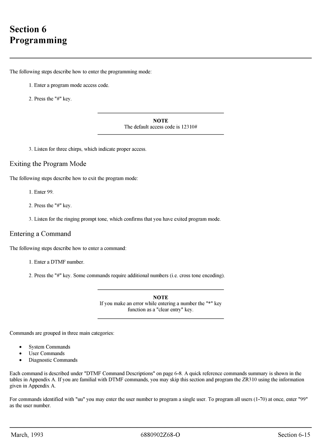 Motorola GR300 service manual Exiting the Program Mode, Entering a Command 