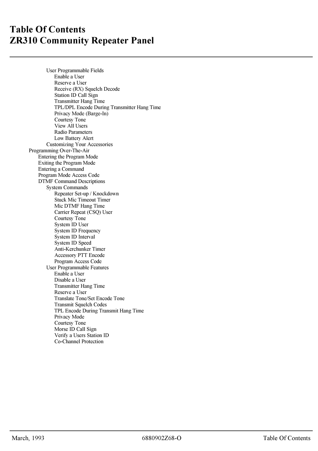 Motorola GR300 service manual Table Of Contents ZR310 Community Repeater Panel 