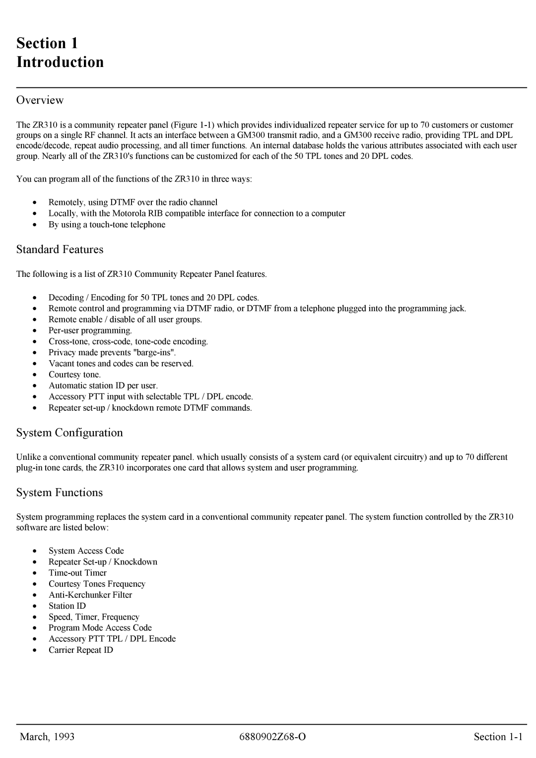 Motorola GR300 service manual Section Introduction, Overview, Standard Features, System Configuration, System Functions 