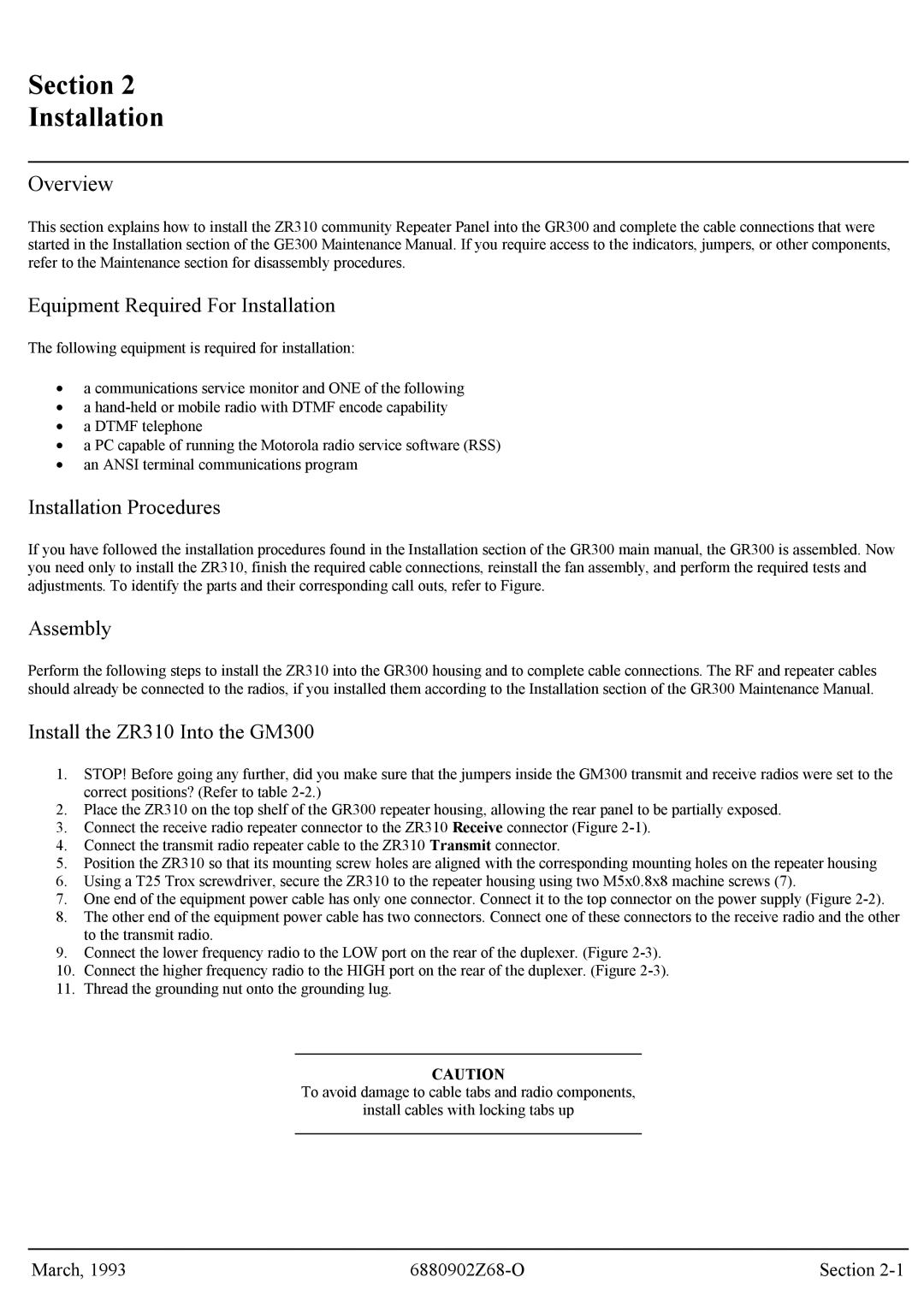 Motorola GR300 service manual Section Installation, Equipment Required For Installation, Installation Procedures, Assembly 