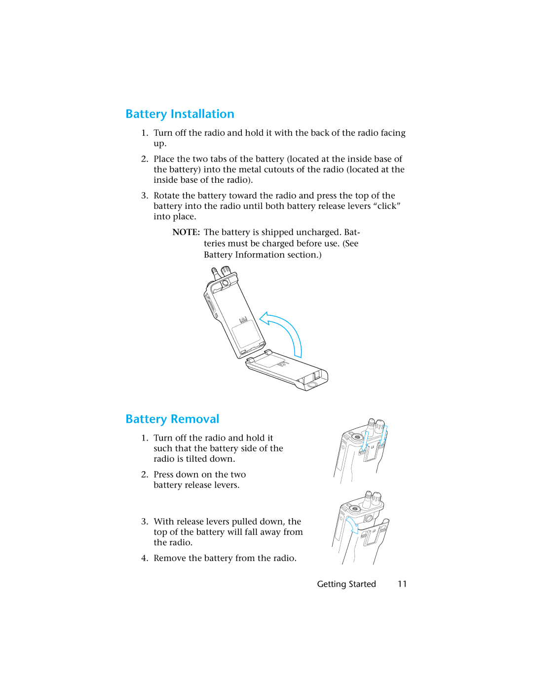 Motorola H01UCC6DU3AN operating instructions Battery Installation, Battery Removal 