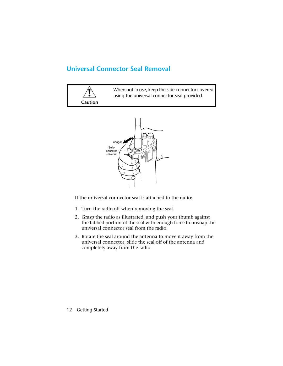 Motorola H01UCC6DU3AN Universal Connector Seal Removal, When not in use, keep the side connector covered 