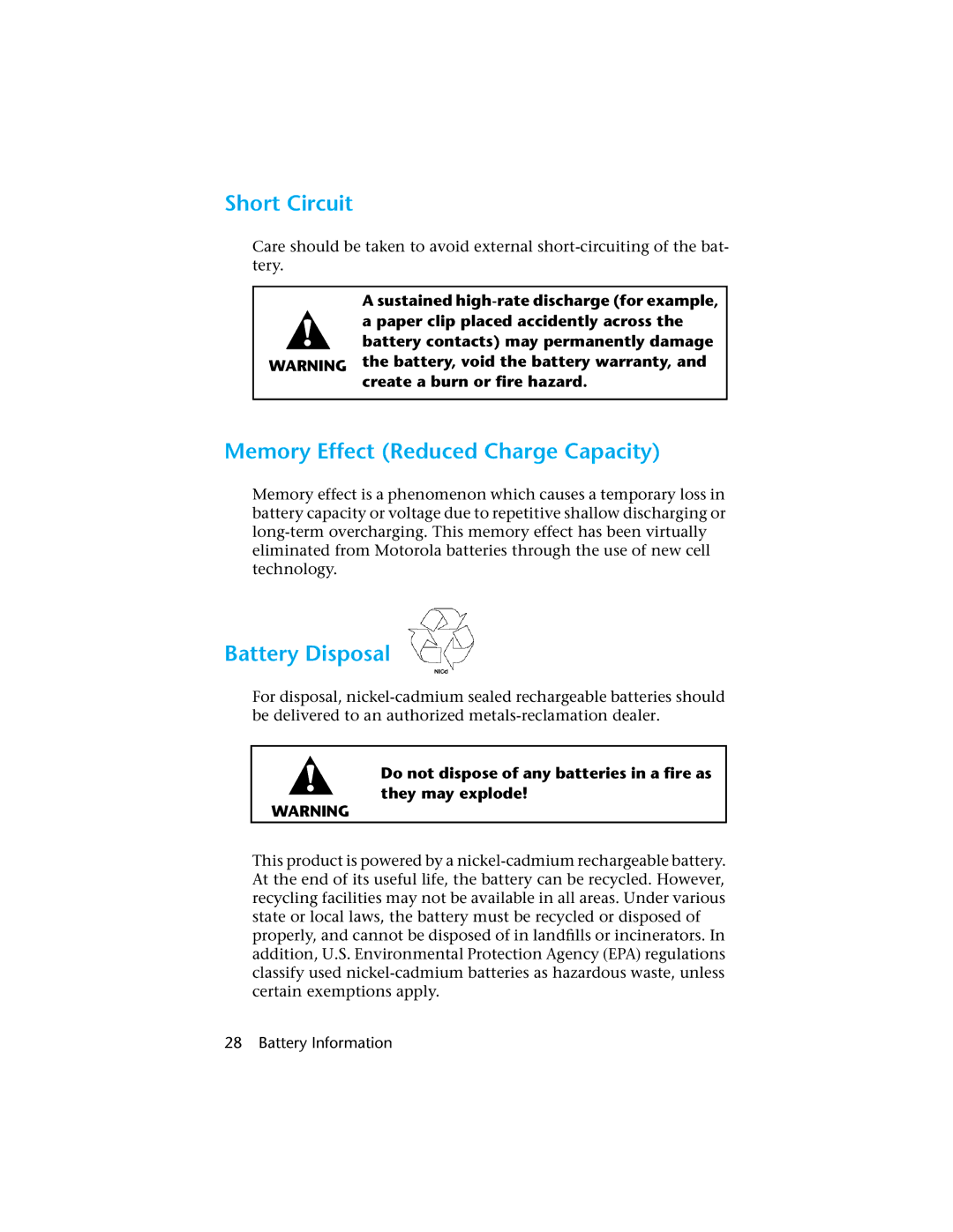 Motorola H01UCC6DU3AN operating instructions Short Circuit, Memory Effect Reduced Charge Capacity, Battery Disposal 