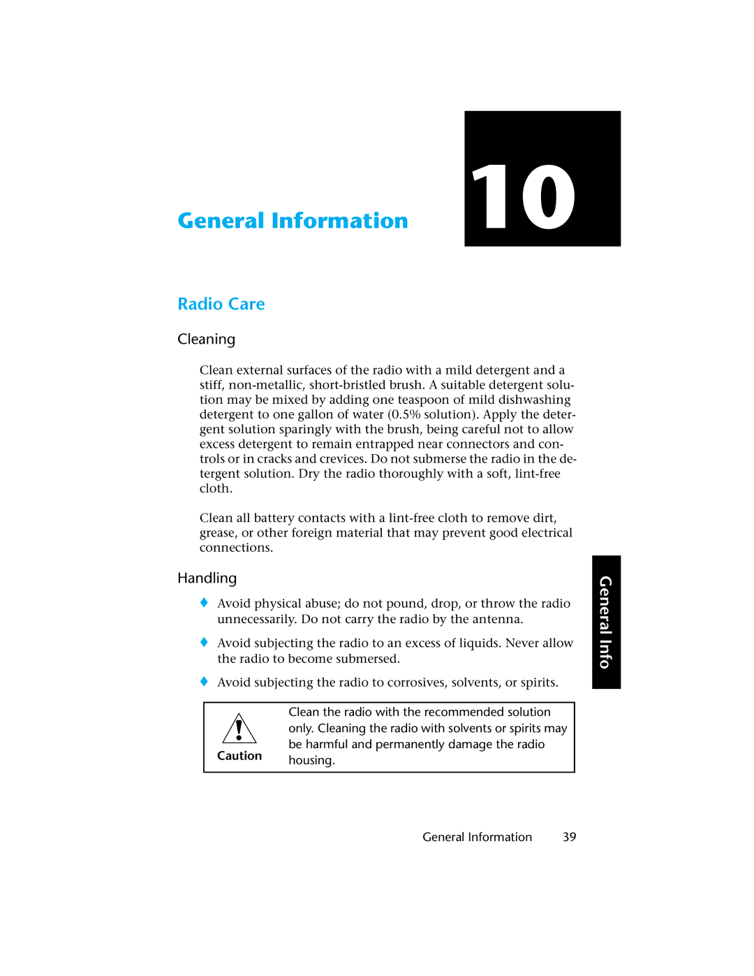 Motorola H01UCC6DU3AN operating instructions General Information, Radio Care, Cleaning, Handling 