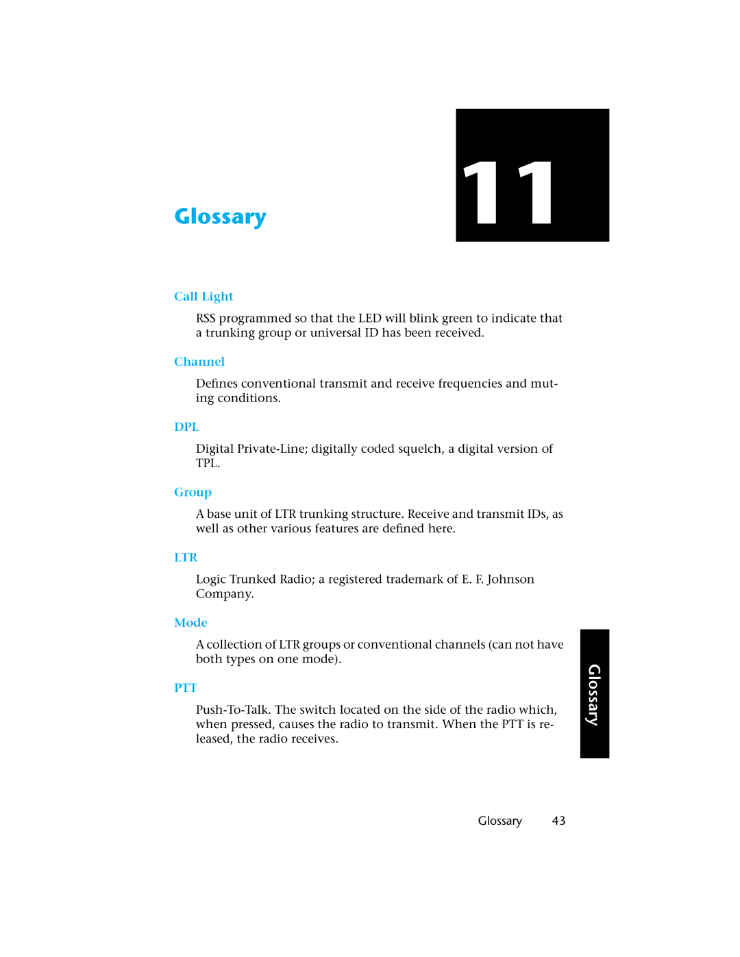 Motorola H01UCC6DU3AN operating instructions Glossary 