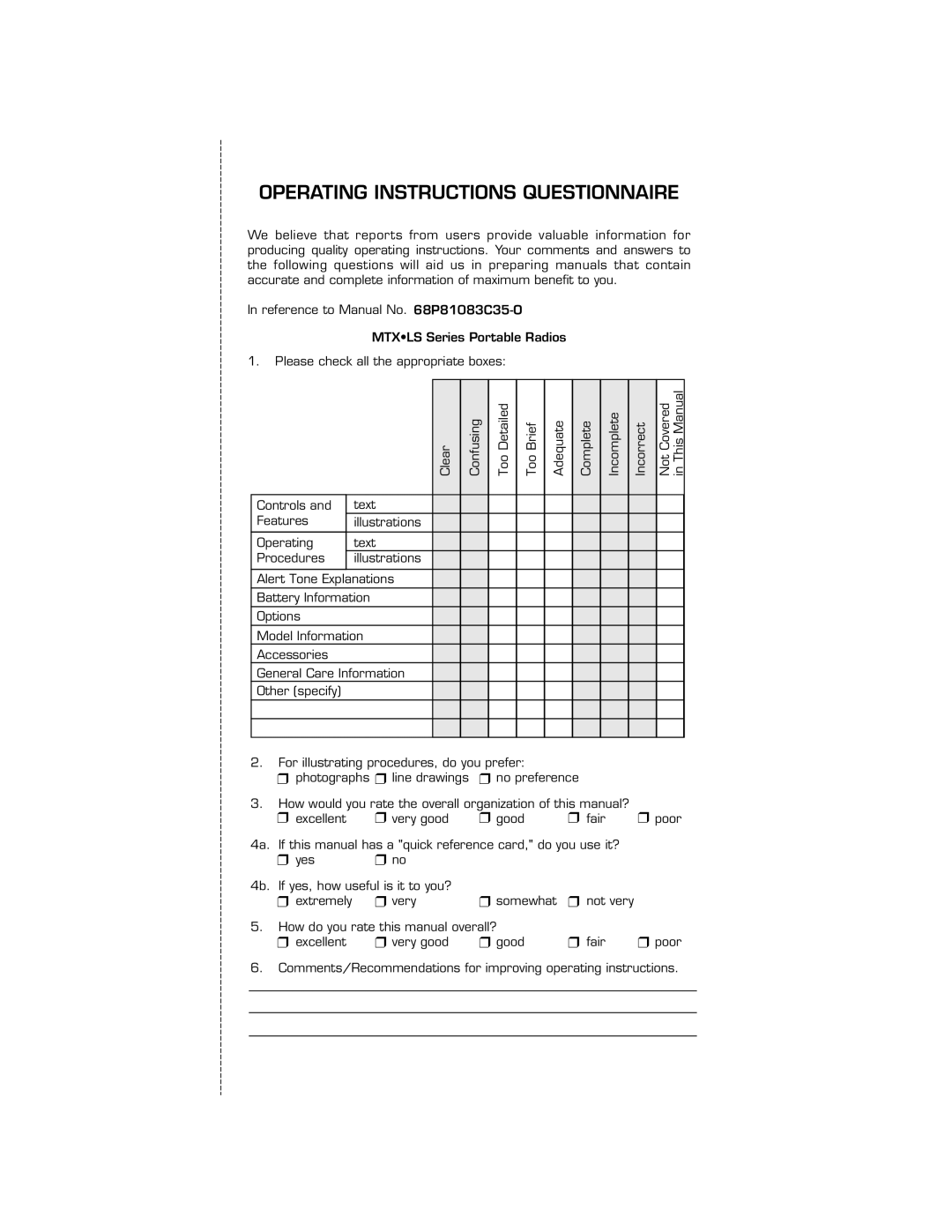 Motorola H01UCC6DU3AN operating instructions Operating Instructions Questionnaire 