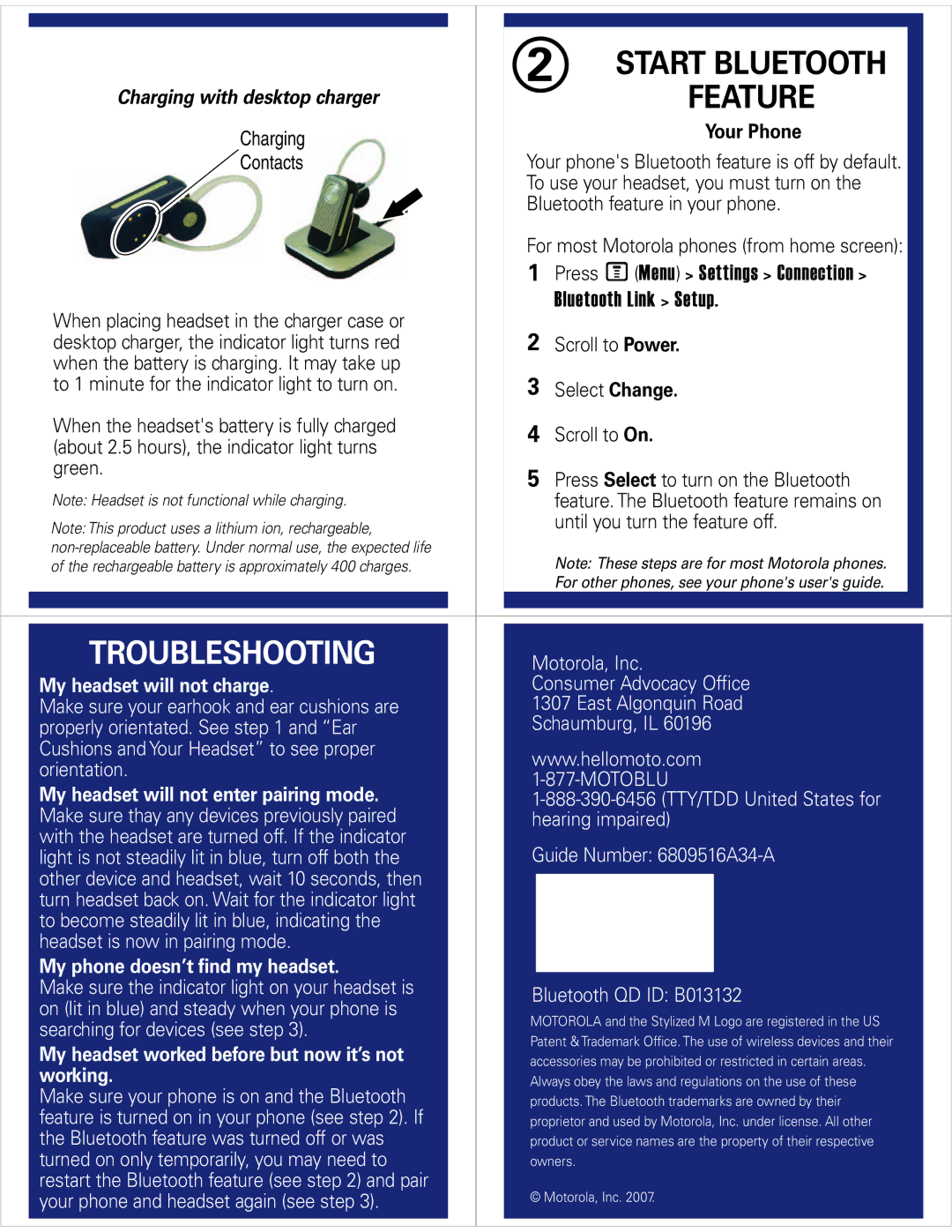 Motorola H12 quick start Troubleshooting 