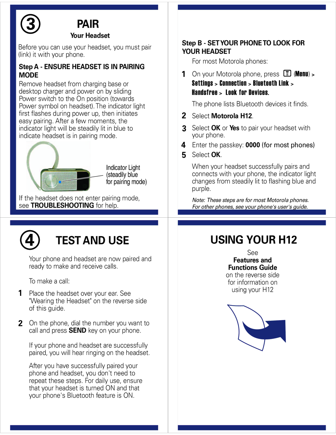 Motorola H12 quick start Pair, Test and USE 