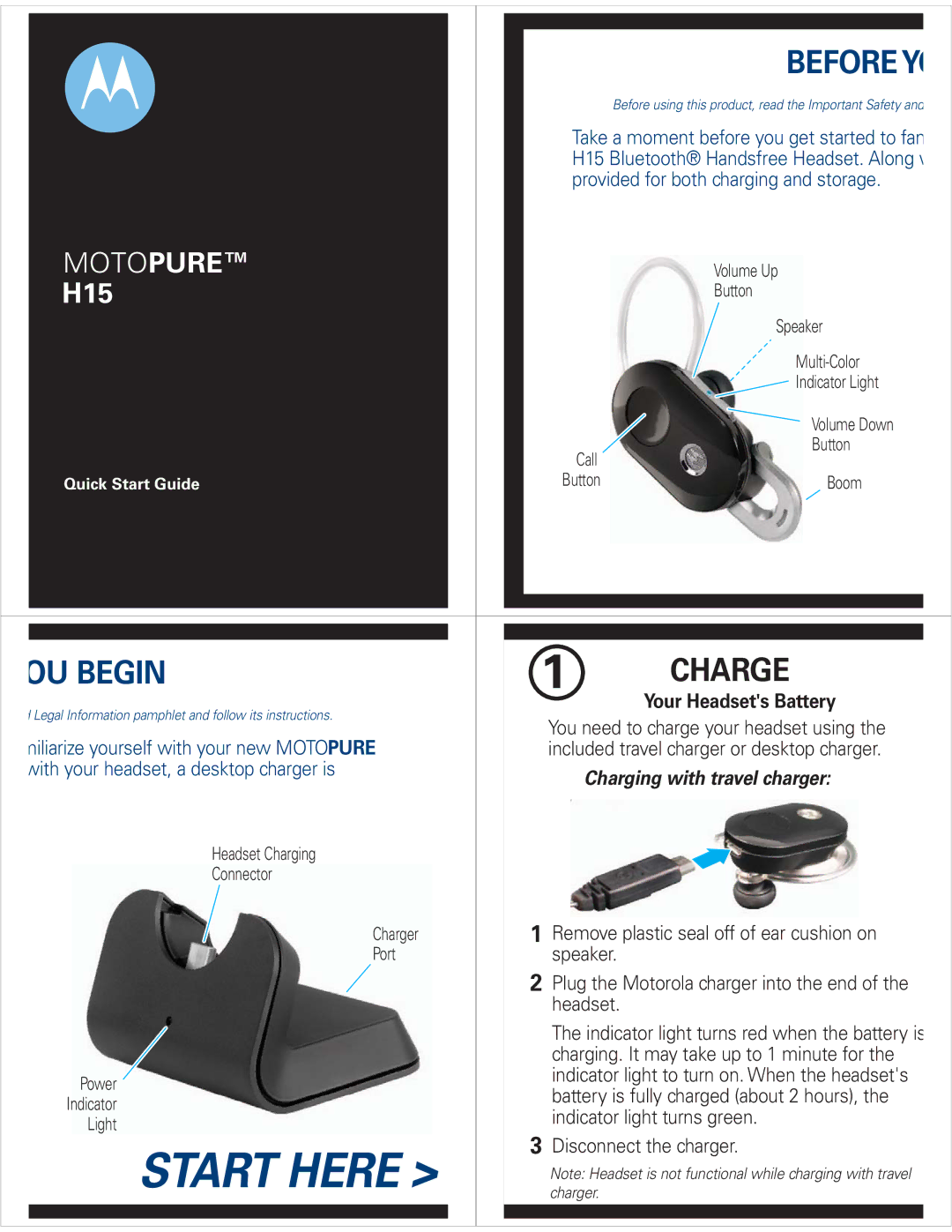 Motorola H15 quick start Charge, Your Headsets Battery 