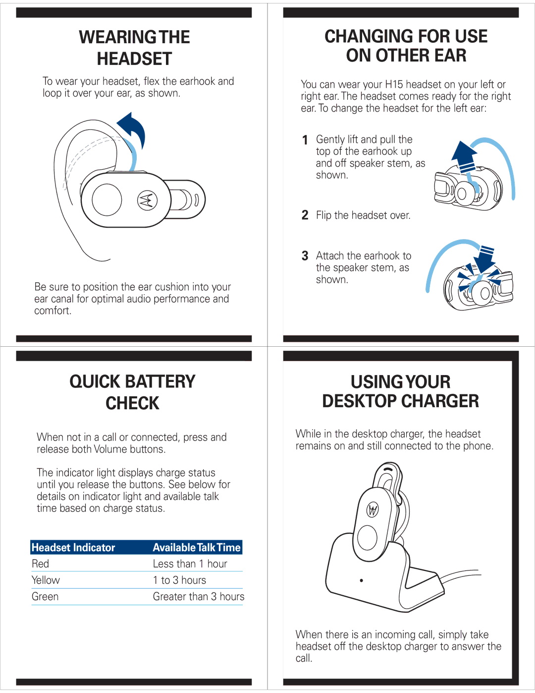 Motorola H15 quick start Wearing Changing for USE Headset On Other EAR, Quick Battery Using Your Check Desktop Charger 