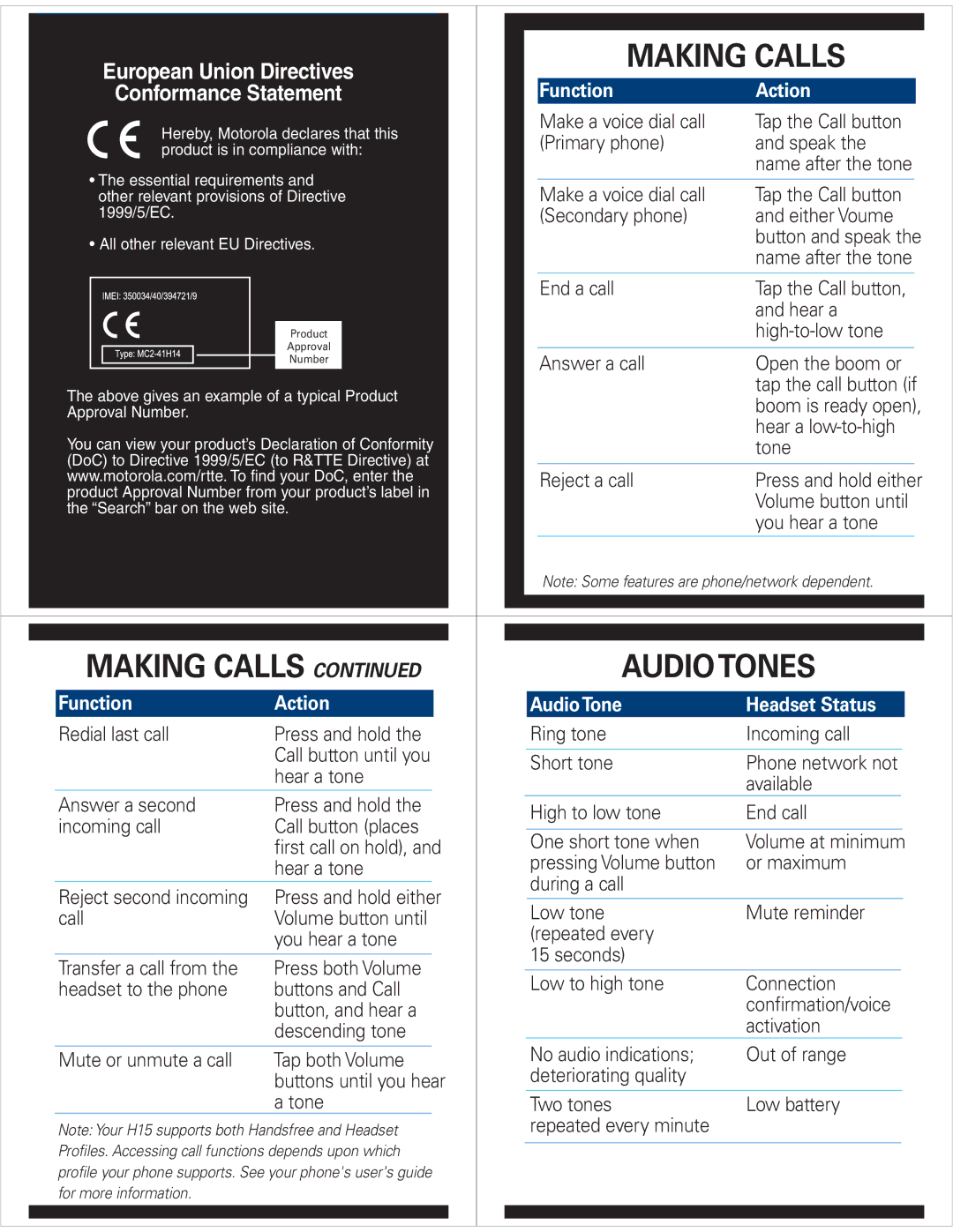 Motorola H15 quick start Making Calls, Audio Tones, European Union Directives, Conformance Statement 