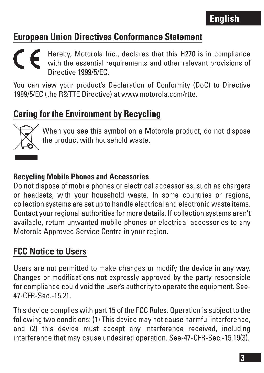 Motorola H270 manual European Union Directives Conformance Statement, Caring for the Environment by Recycling 