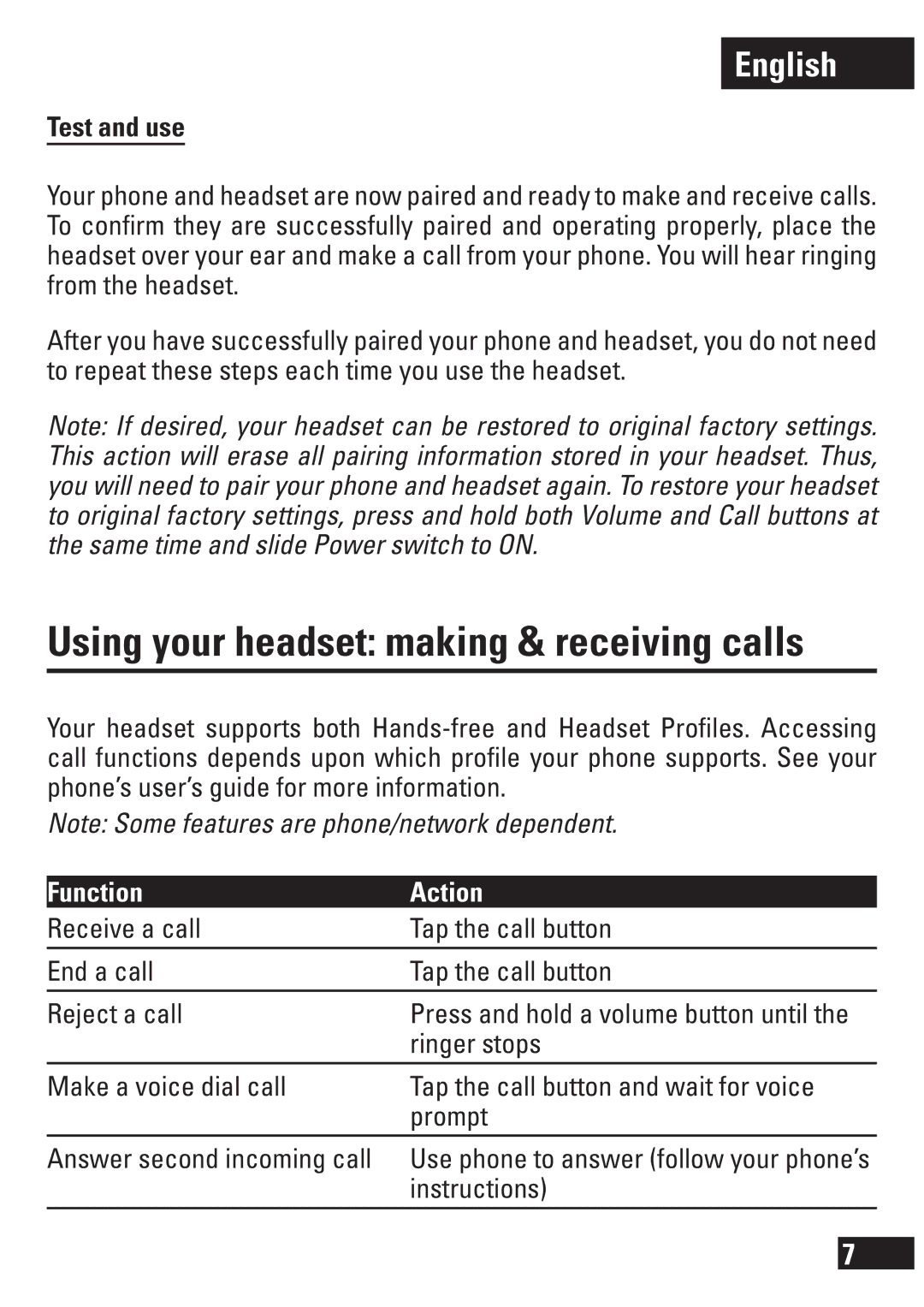 Motorola H270 manual Using your headset making & receiving calls, Test and use, Function Action 