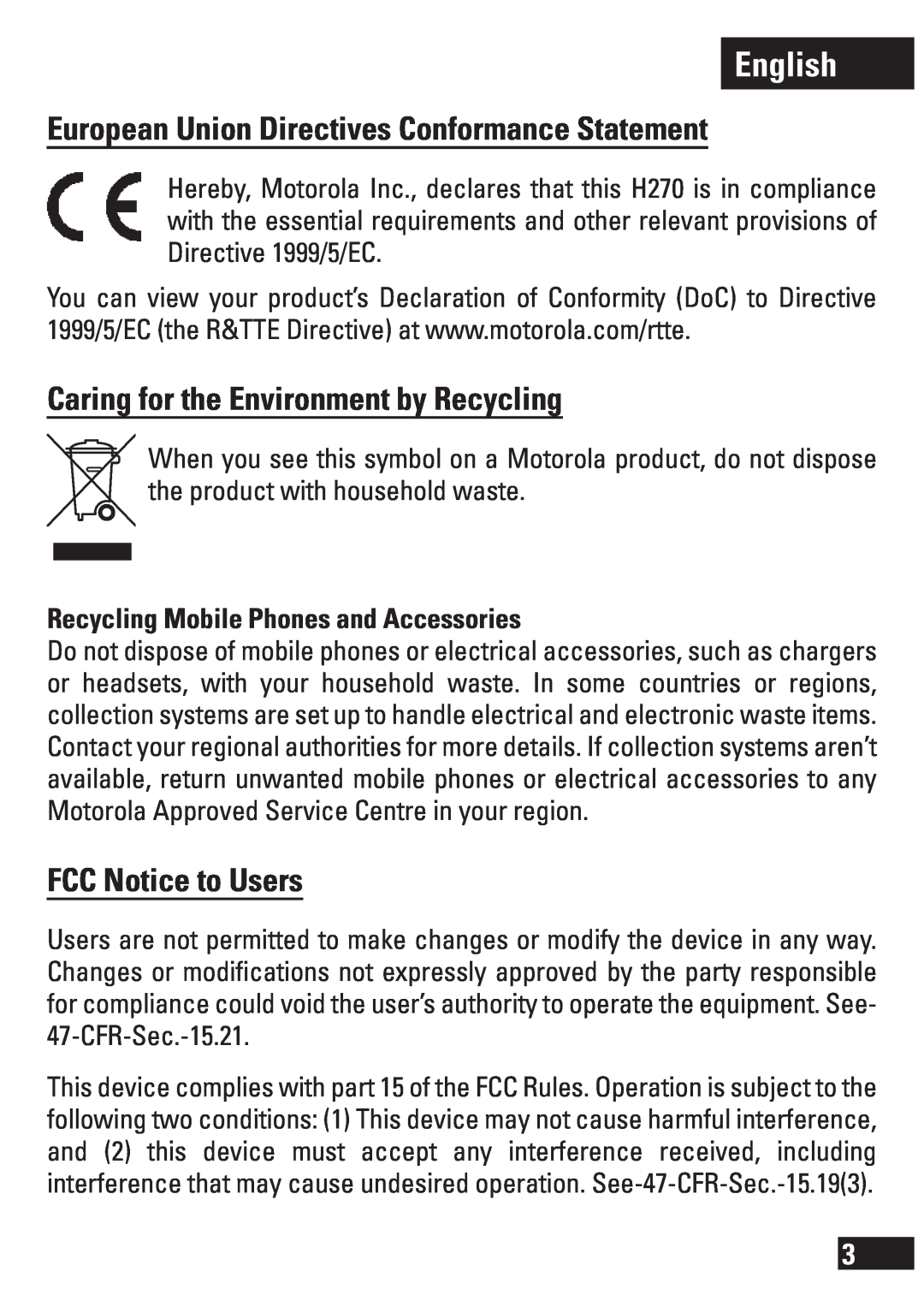 Motorola H270 manual English, European Union Directives Conformance Statement, Caring for the Environment by Recycling 