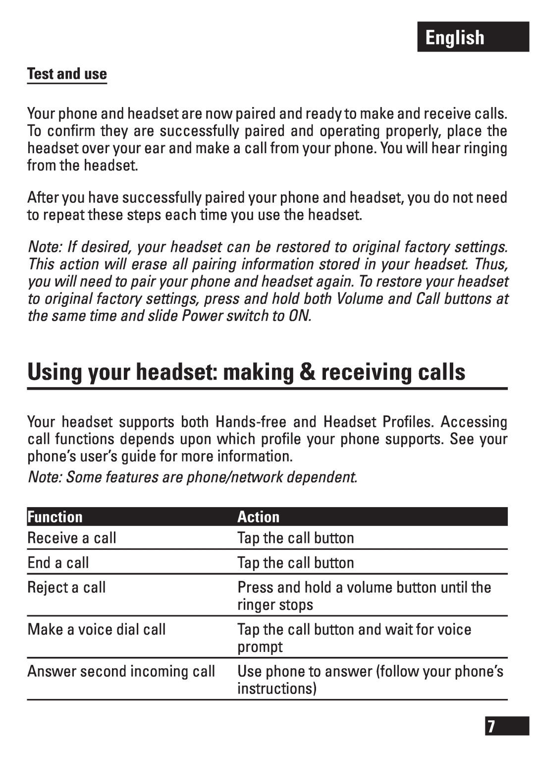 Motorola H270 Using your headset making & receiving calls, Test and use, Note Some features are phone/network dependent 