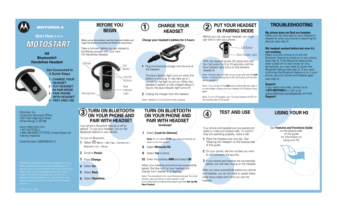 Motorola H3 manual Before YOU Begin, Charge Your Headset, PUT Your Headset Pairing Mode, Troubleshooting, Test and USE 