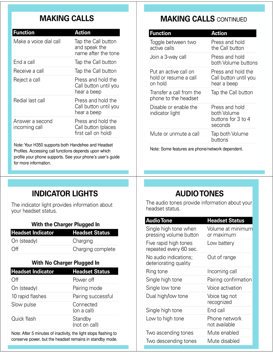 Motorola H350 manual Making Calls, Indicator Lights Audio Tones, With the Charger Plugged, With No Charger Plugged 