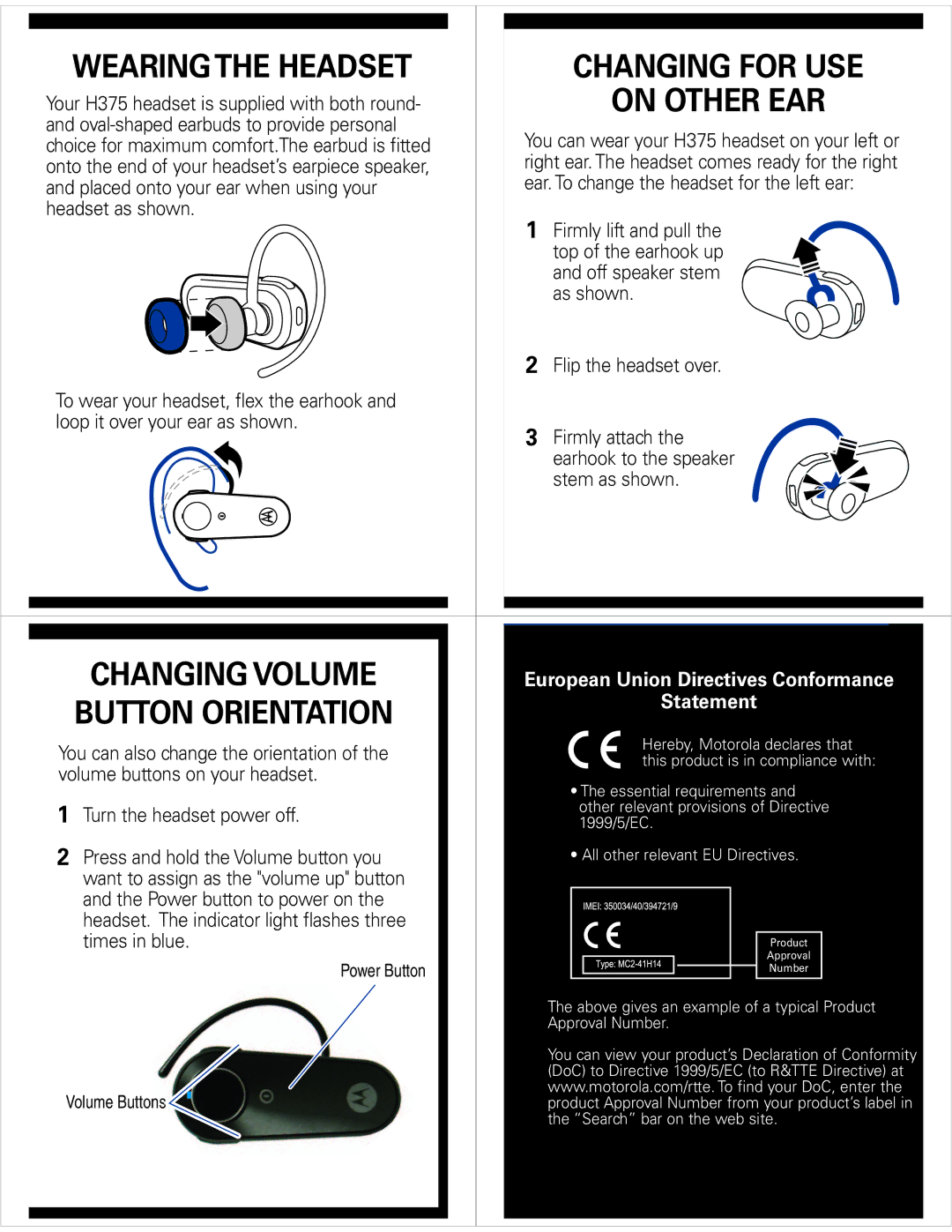 Motorola H375 Wearing the Headset Changing for USE, On Other EAR, Changing Volume, European Union Directives Conformance 