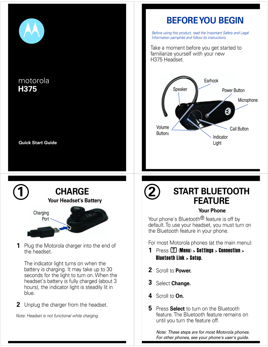 Motorola H375 quick start Charge, Start Bluetooth, Press M Menu Settings Connection, Bluetooth Link Setup, motorola 