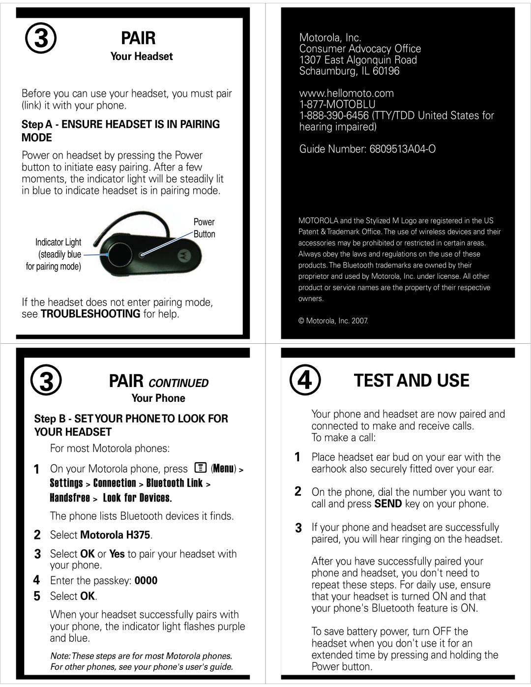 Motorola H375 quick start Pair, Test And Use, Settings Connection Bluetooth Link, Handsfree, Look for Devices, Your Headset 