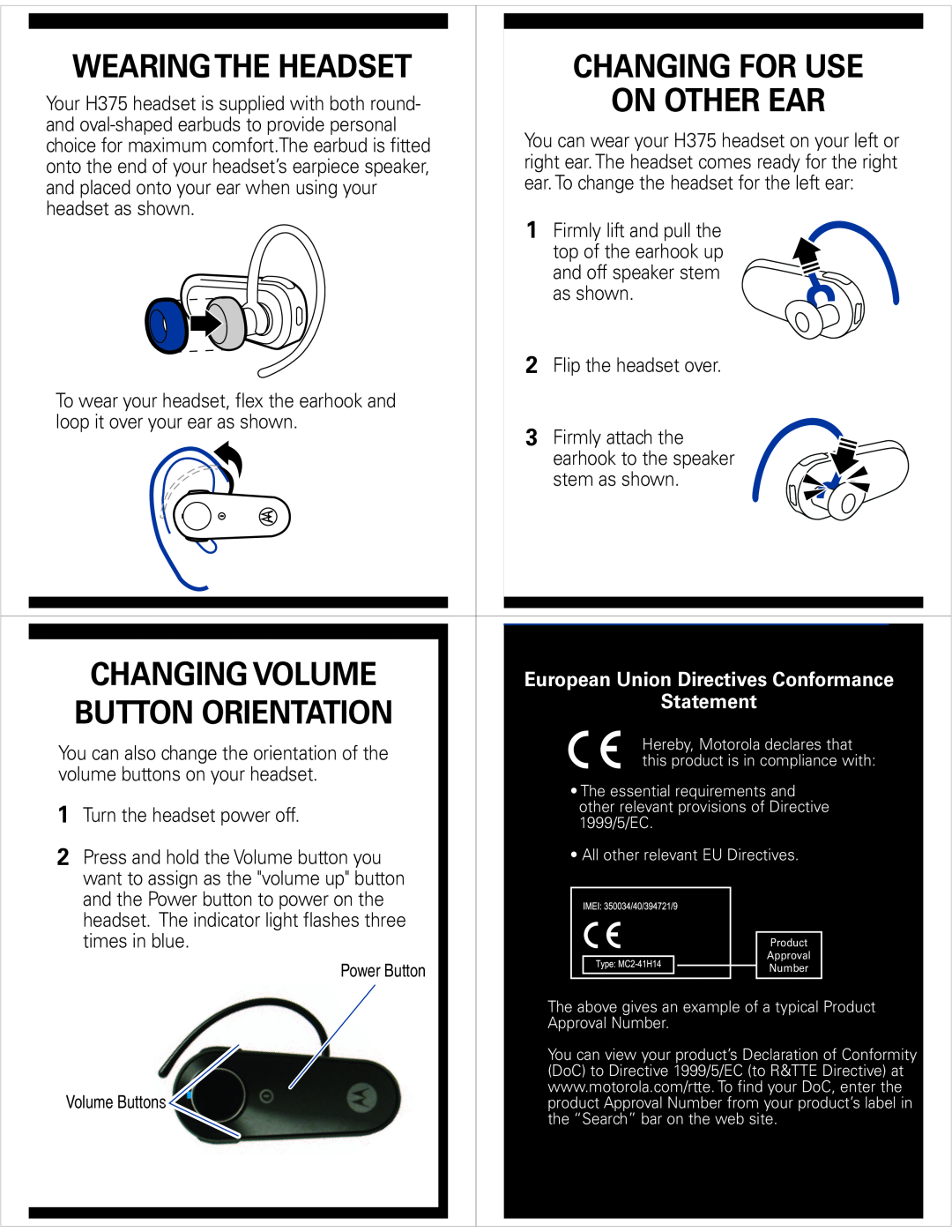 Motorola H375 quick start Wearing The Headset, Changing For Use, On Other Ear, Changing Volume, Button Orientation 