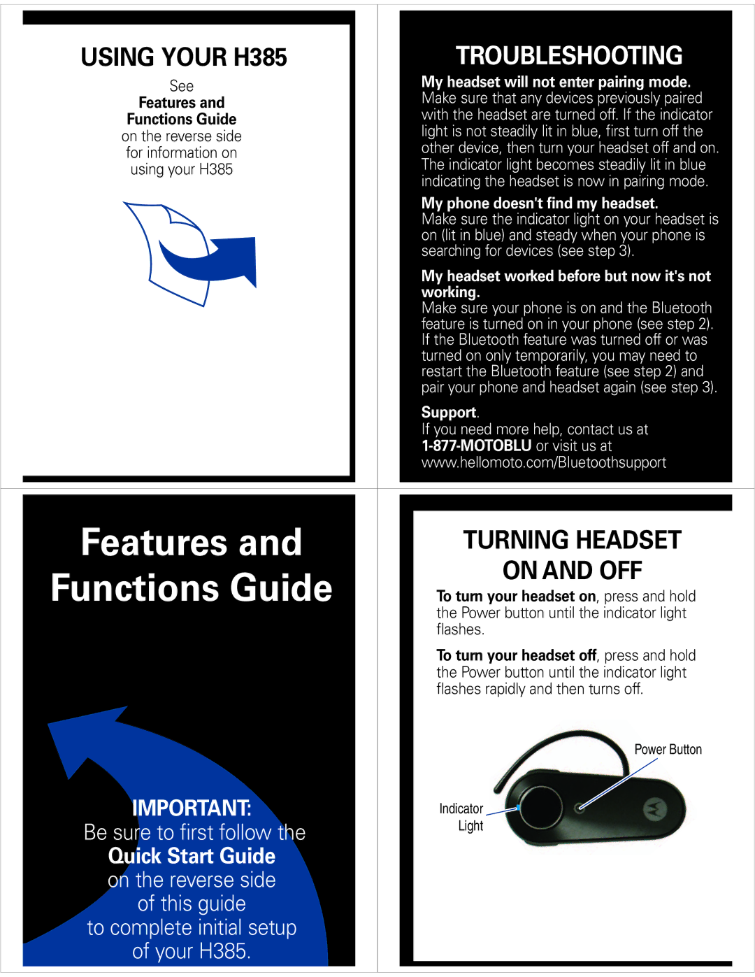 Motorola quick start Troubleshooting, Using Your H385, On and OFF 