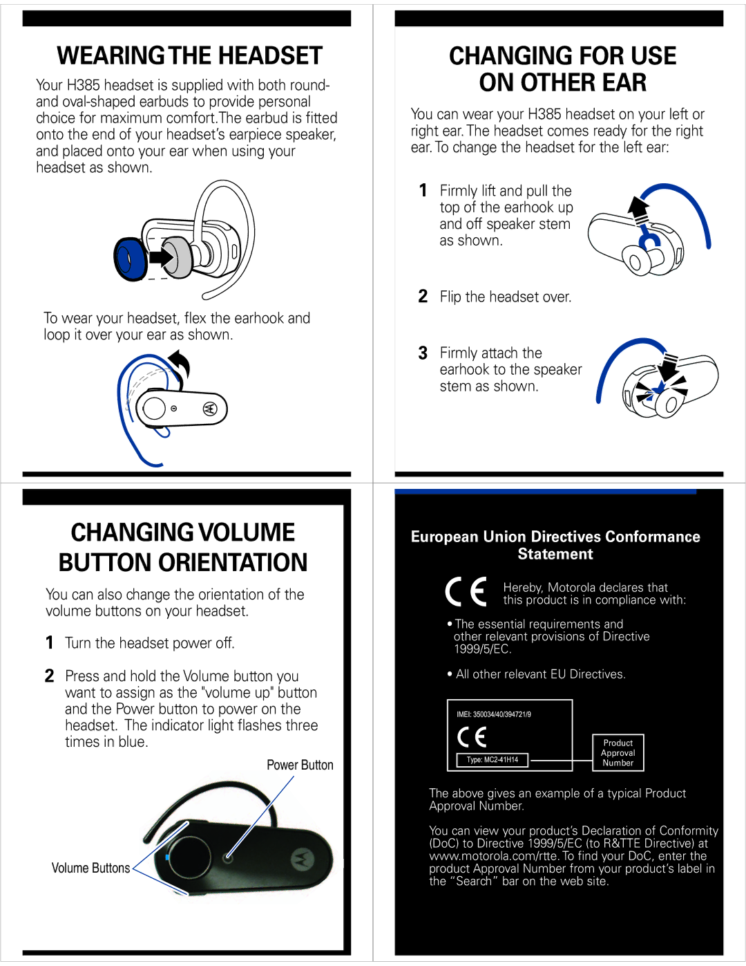 Motorola H385 Wearing the Headset Changing for USE, On Other EAR, Changing Volume, European Union Directives Conformance 