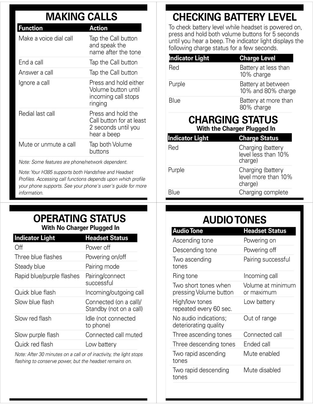 Motorola H385 quick start Making Calls, Charging Status, Operating Status Audio Tones 