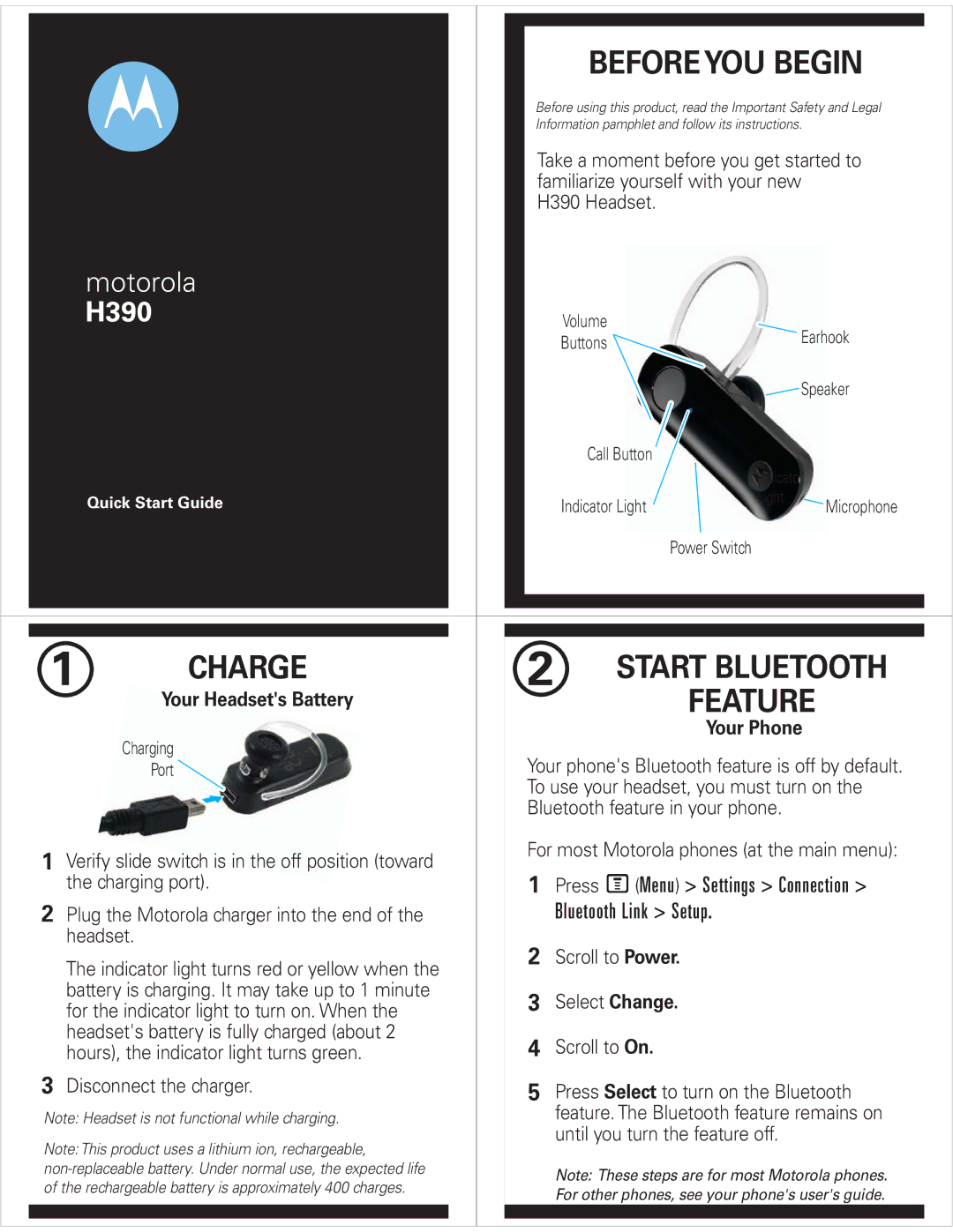 Motorola 68000192001-A, H390 quick start Before YOU Begin, Charge, Bluetooth Link Setup 