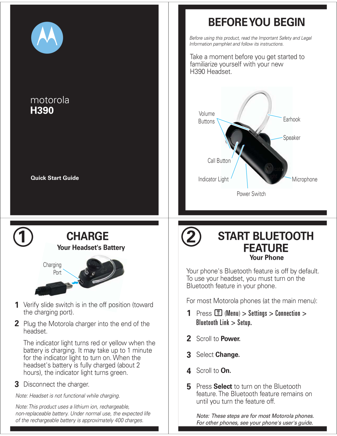 Motorola 68000192001-A quick start Before You Begin, Charge, Start Bluetooth, Feature, Bluetooth Link > Setup, motorola 