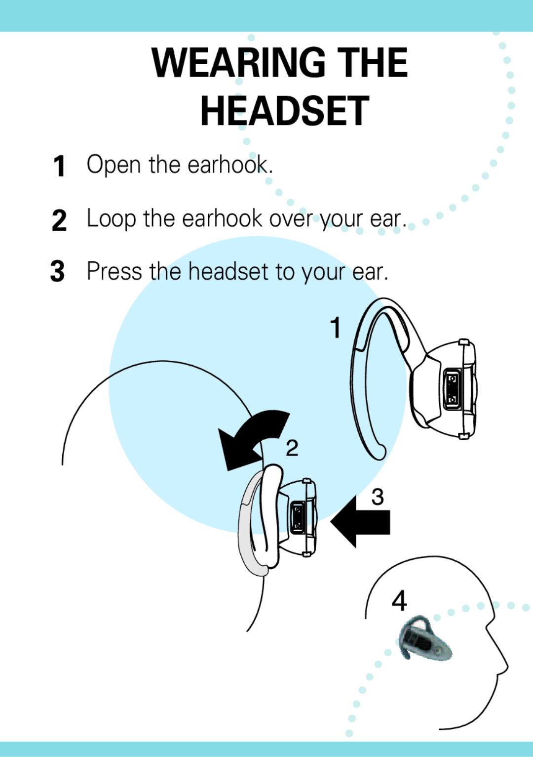 Motorola H500 manual Wearing The Headset, 1Open the earhook 2Loop the earhook over your ear, 3Press the headset to your ear 