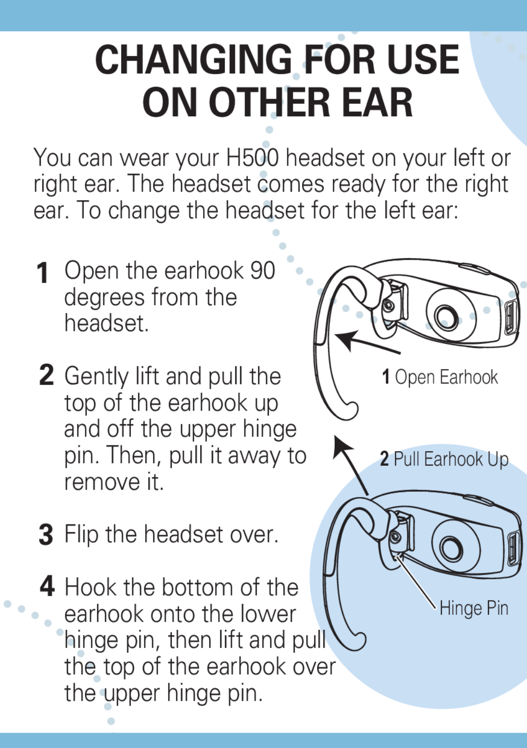 Motorola H500 manual Changing For Use On Other Ear, 1Open the earhook 90 degrees from the headset, 3Flip the headset over 